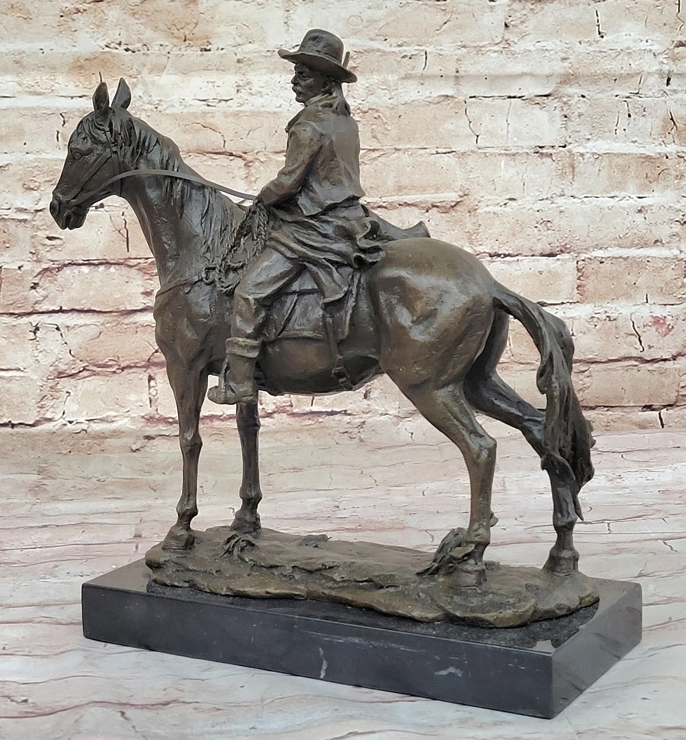 Bronze Remington Tribute Cowboy w/ Rifle Riding Horse Sculpture Statue Marble 12" x 12"