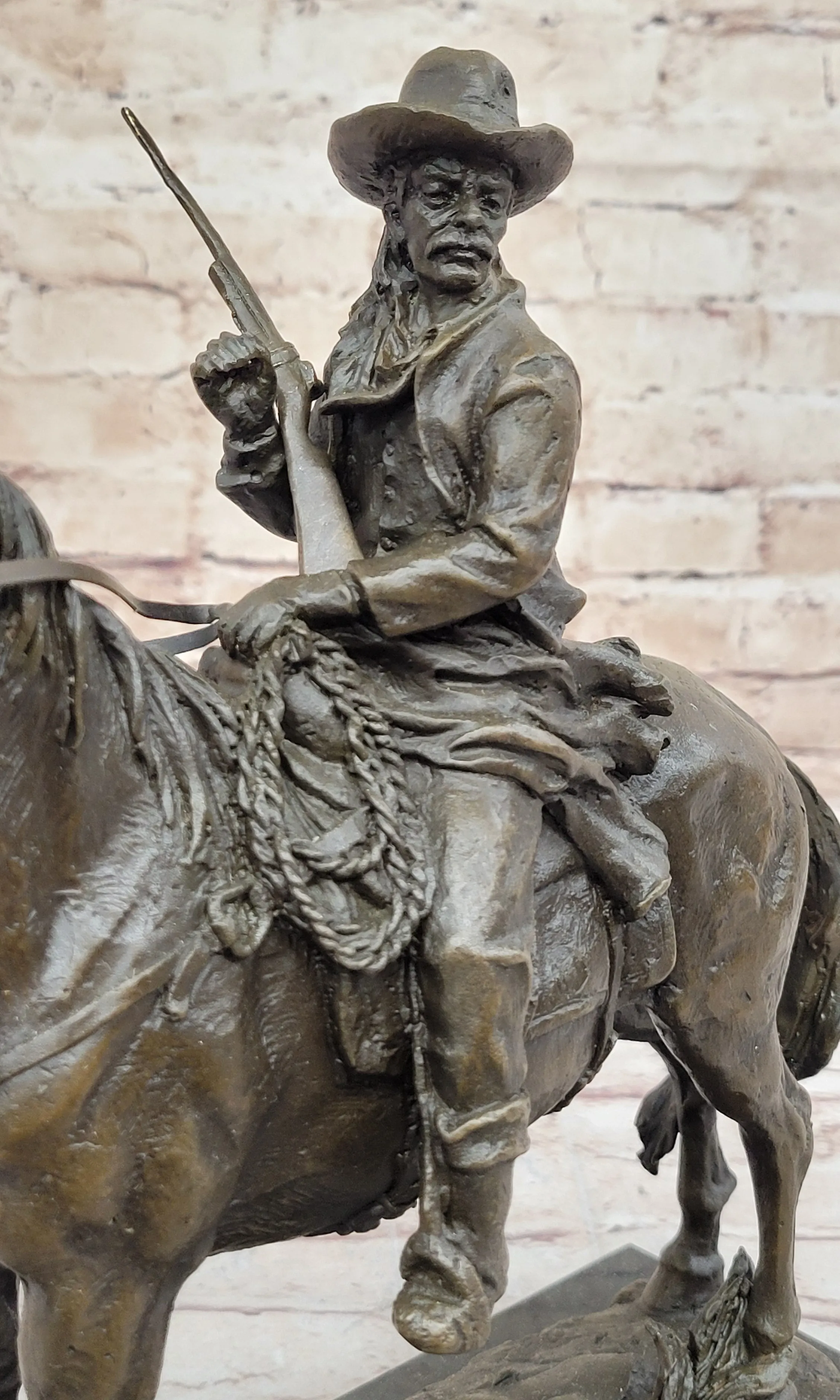 Bronze Remington Tribute Cowboy w/ Rifle Riding Horse Sculpture Statue Marble 12" x 12"