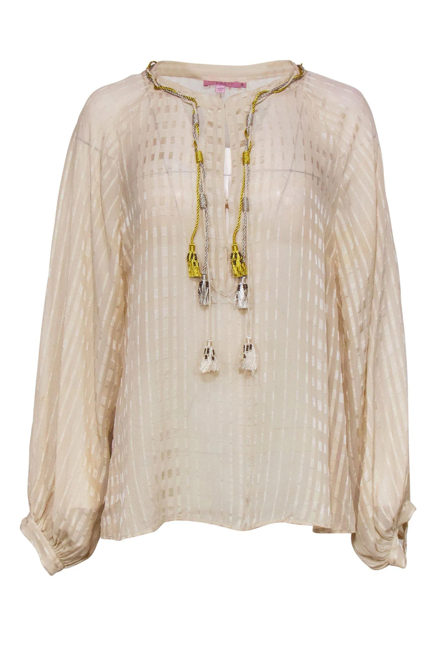 Calypso - Beige Textured Long Sleeve Silk Blouse w/ Tassels Sz S