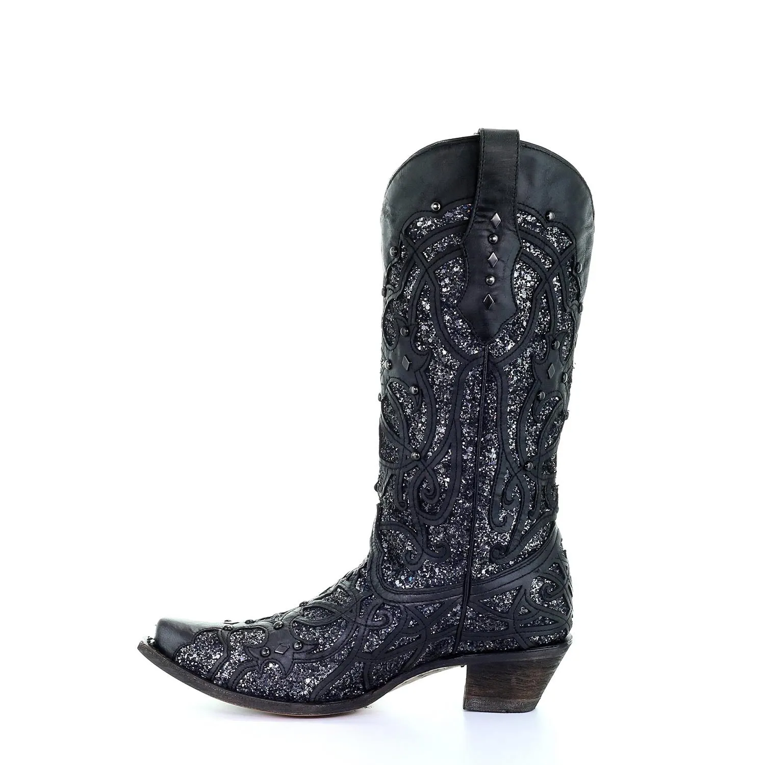 Corral | Glittered Inlay Leather Boot | Snip Toe | Black