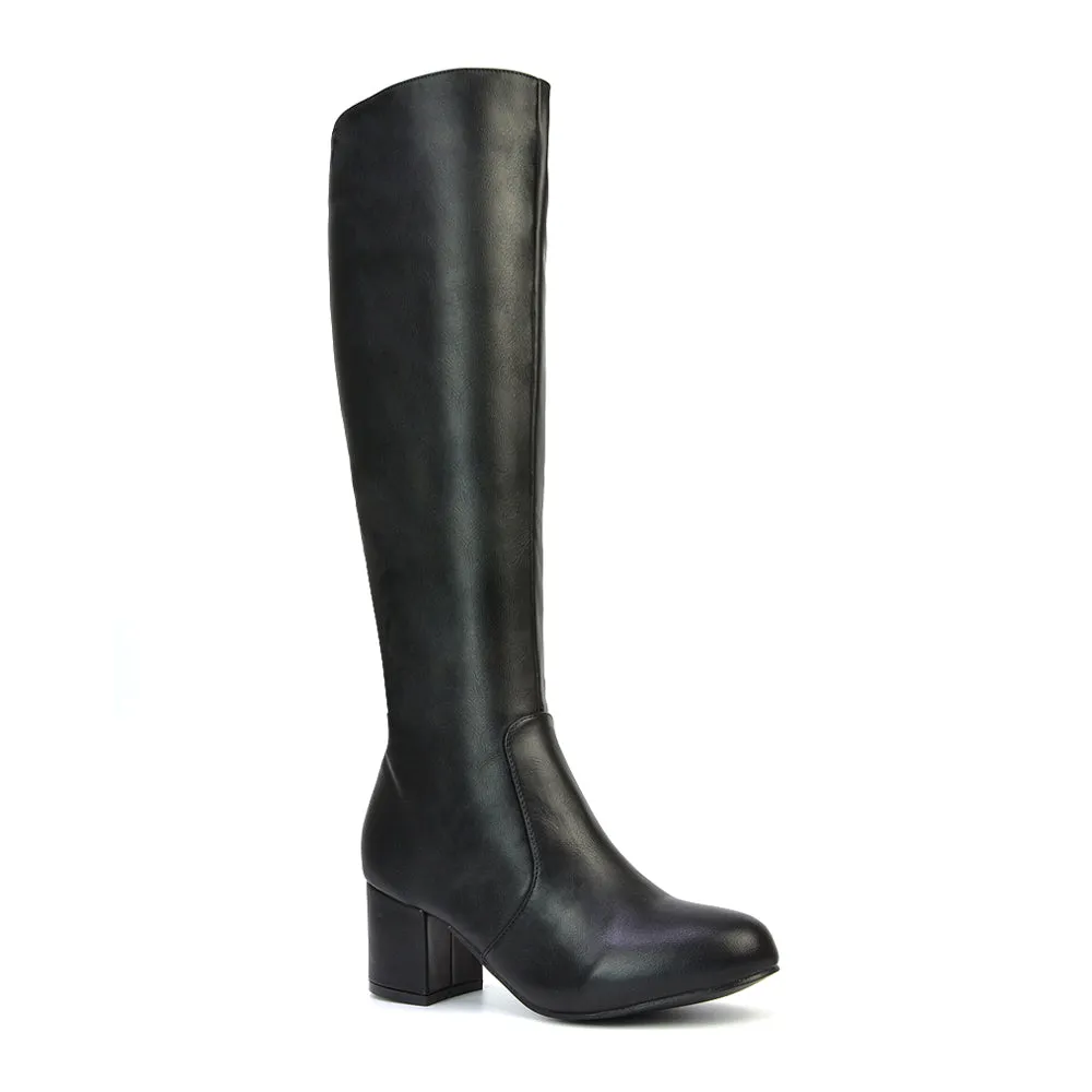 Honey Knee High Boots with Mid Block Heel and Inside Zip in Black Synthetic Leather