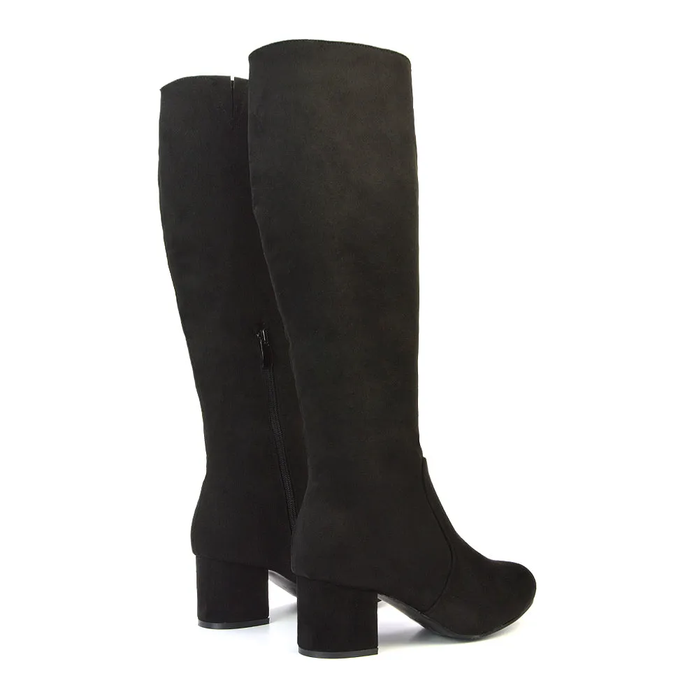 Honey Knee High Boots with Mid Block Heel and Inside Zip in Black Synthetic Leather