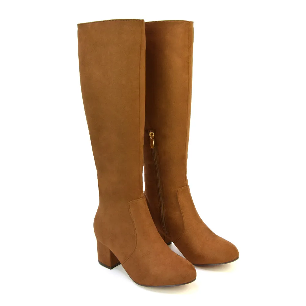Honey Knee High Boots with Mid Block Heel and Inside Zip in Black Synthetic Leather