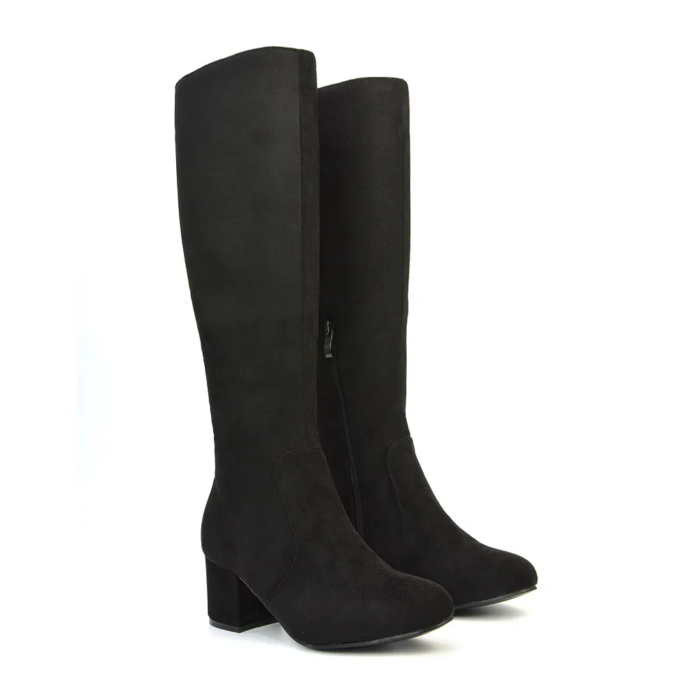 Honey Knee High Boots with Mid Block Heel and Inside Zip in Black Synthetic Leather