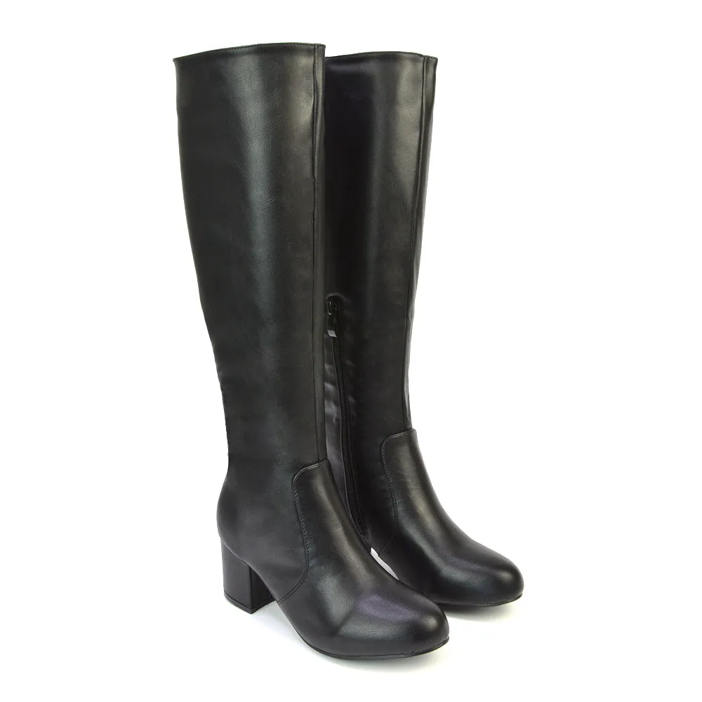 Honey Knee High Boots with Mid Block Heel and Inside Zip in Black Synthetic Leather