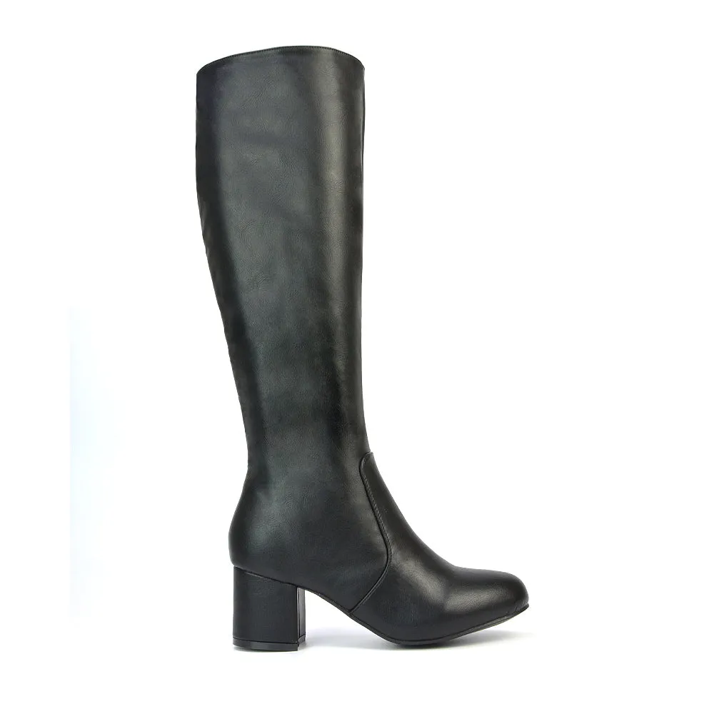 Honey Knee High Boots with Mid Block Heel and Inside Zip in Black Synthetic Leather