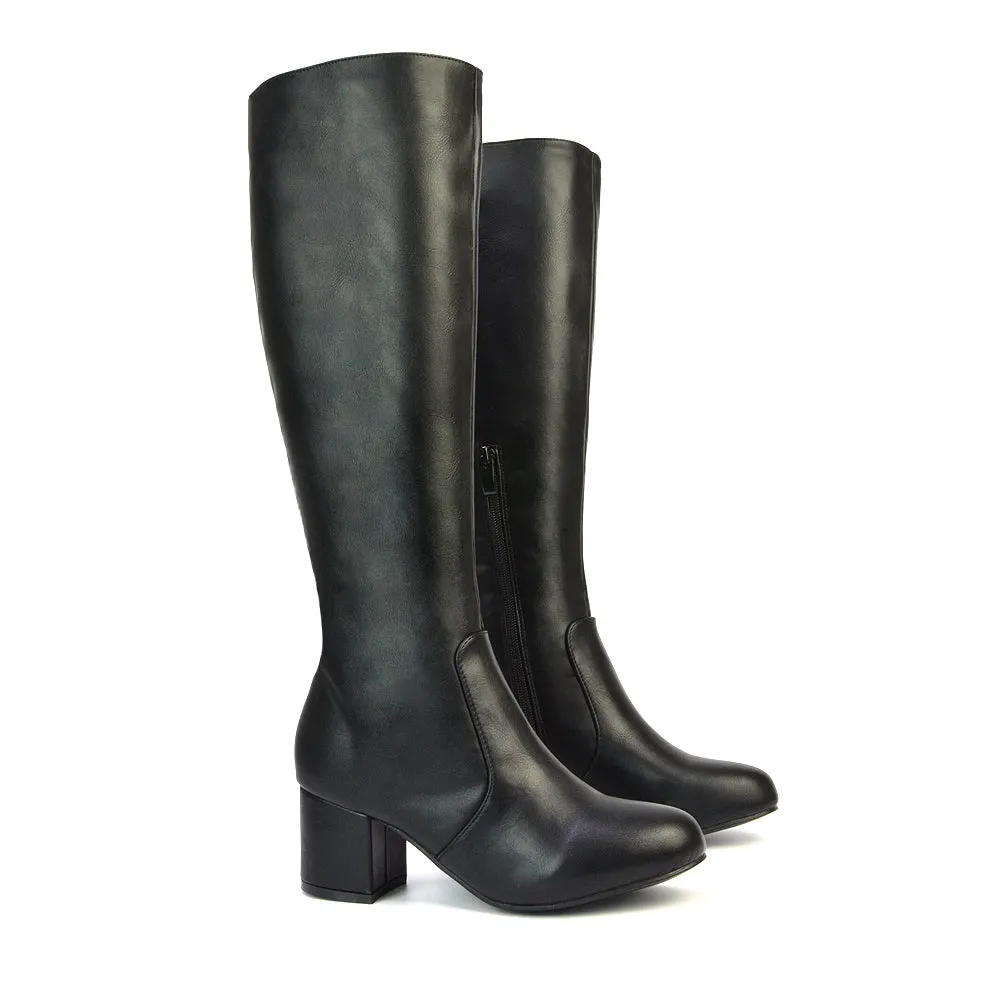 Honey Knee High Boots with Mid Block Heel and Inside Zip in Black Synthetic Leather