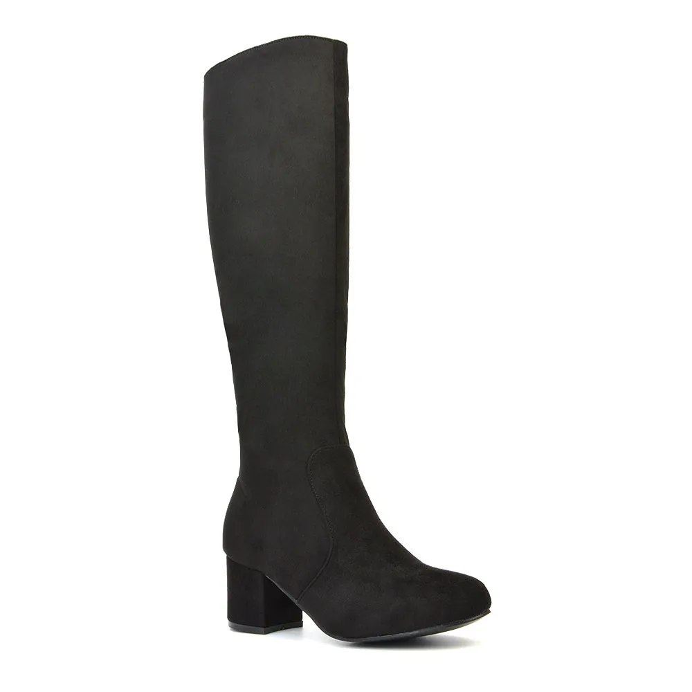 Honey Knee High Boots with Mid Block Heel and Inside Zip in Black Synthetic Leather