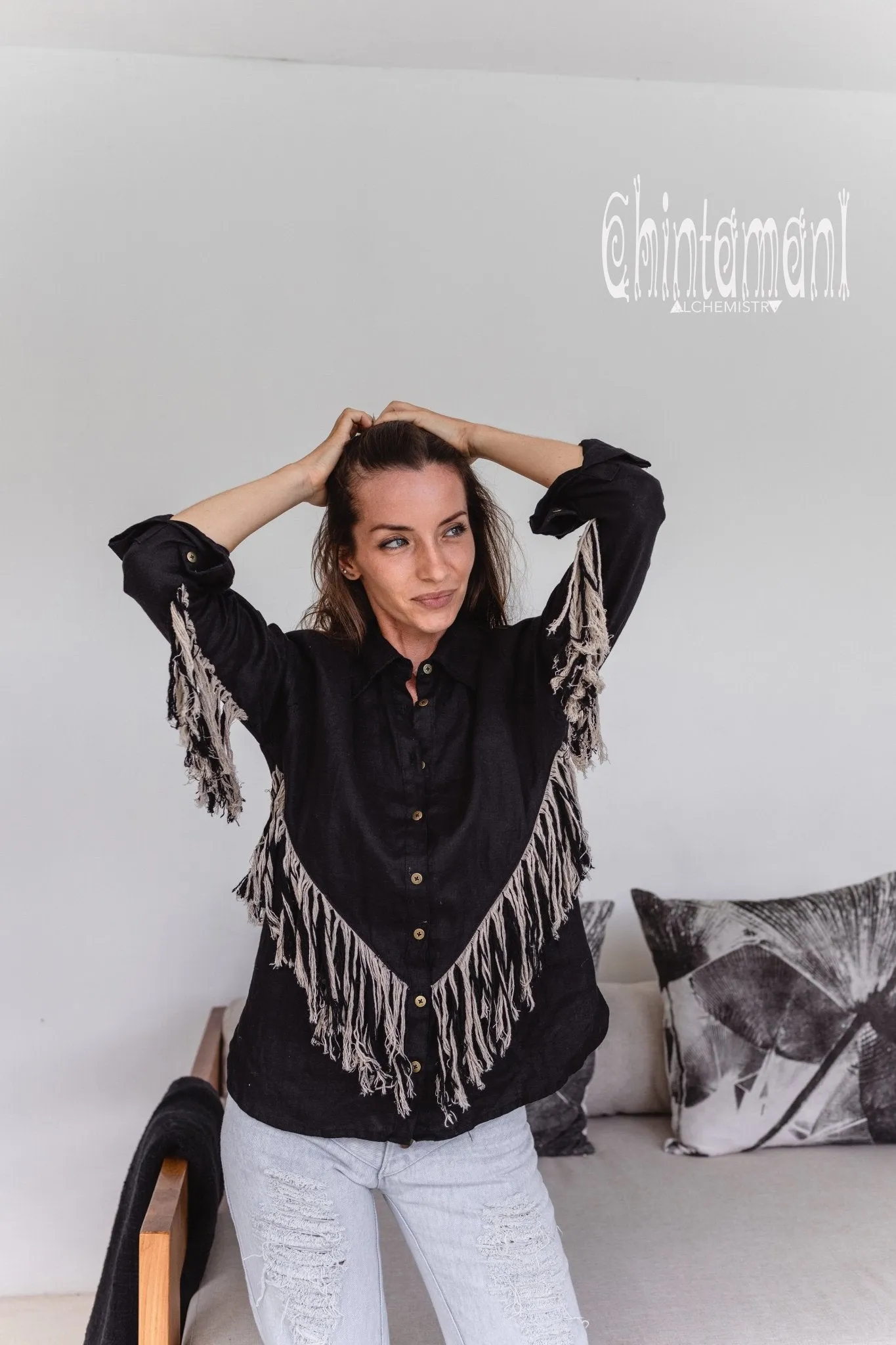 Linen Boho Button Shirt with Fringes / Black