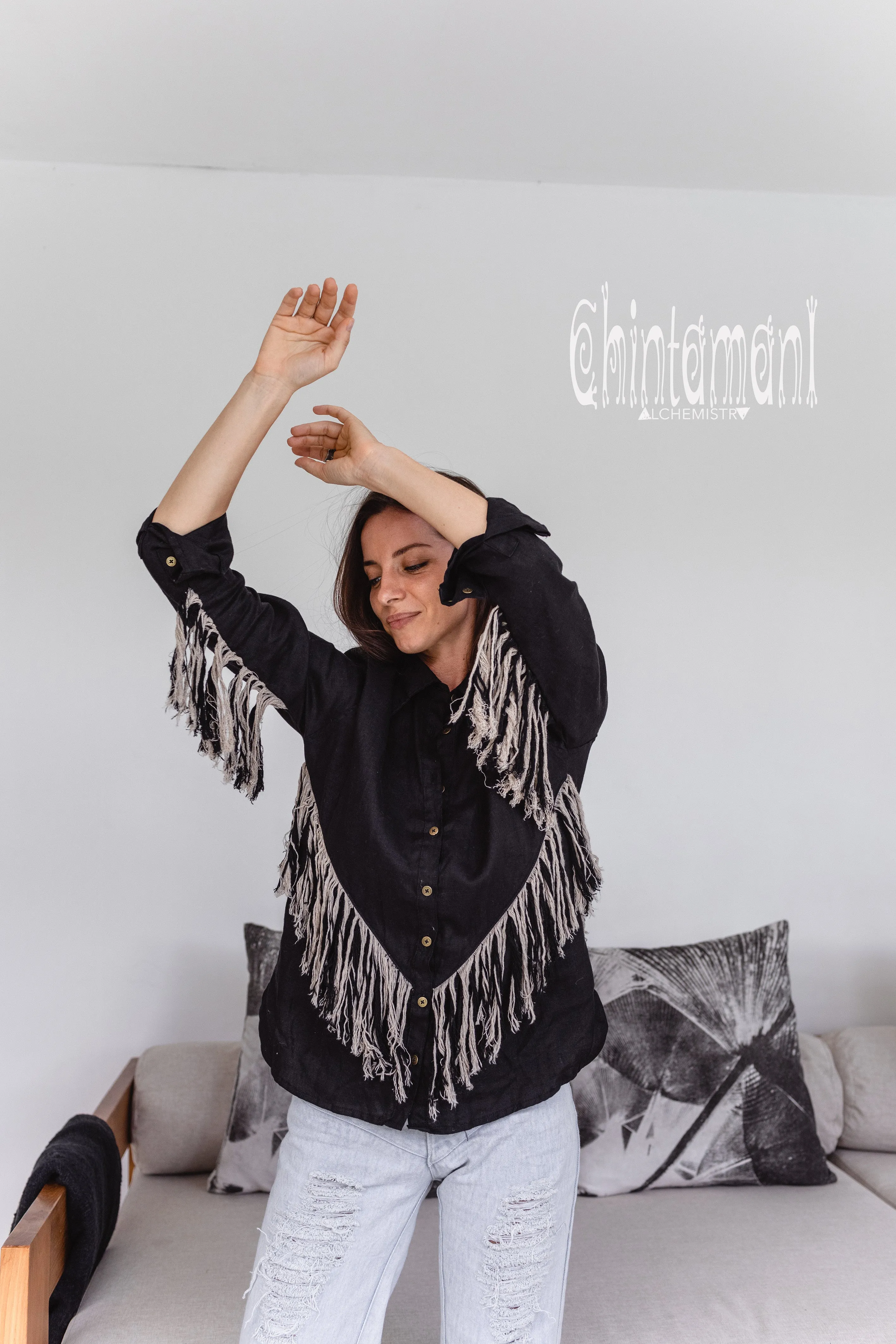 Linen Boho Button Shirt with Fringes / Black