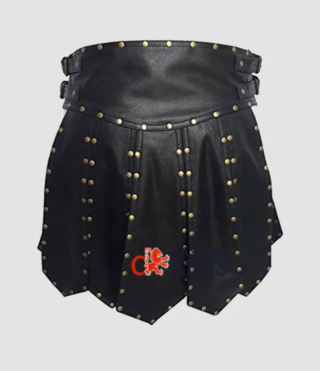 Men Black Leather Gladiator Kilt
