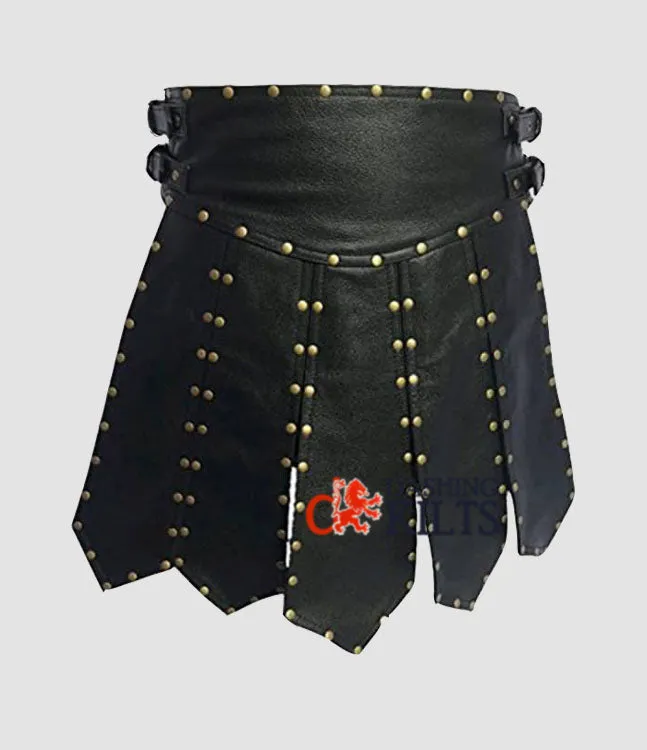 Men Black Leather Gladiator Kilt