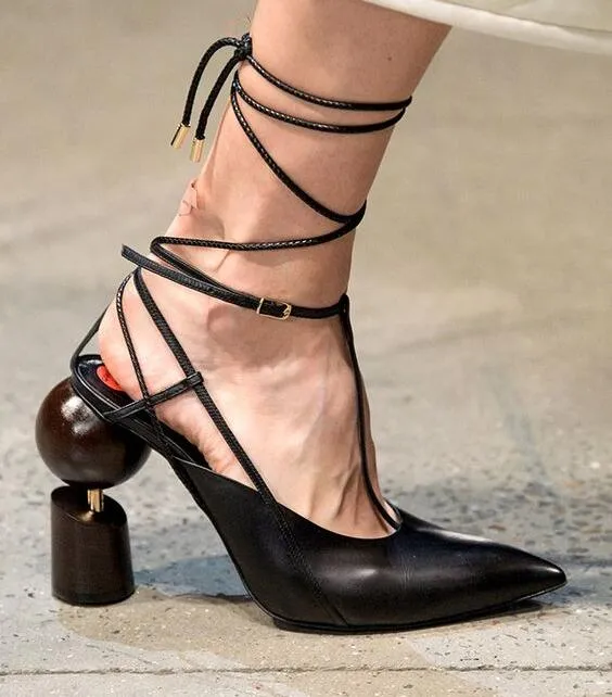Sandalias Mujer Pointed toe Mixed Colors Lace-up Gladiator Sandals Cut-out Runway Strange Heels T-bar Shoes Patchwork Shoes