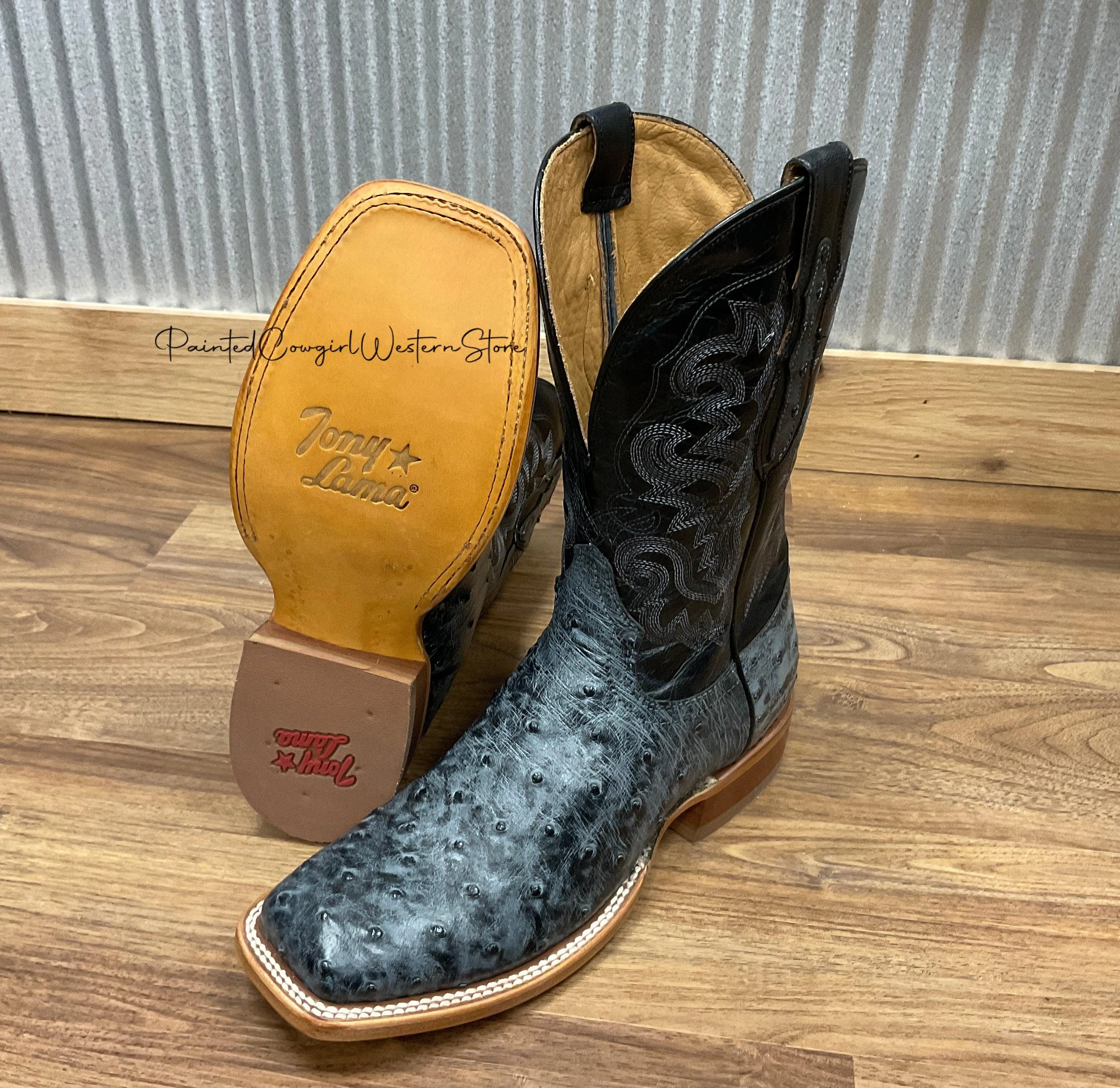 Tony Lama Men's Moore Grey Ostrich Square Toe Western Boots TL5355