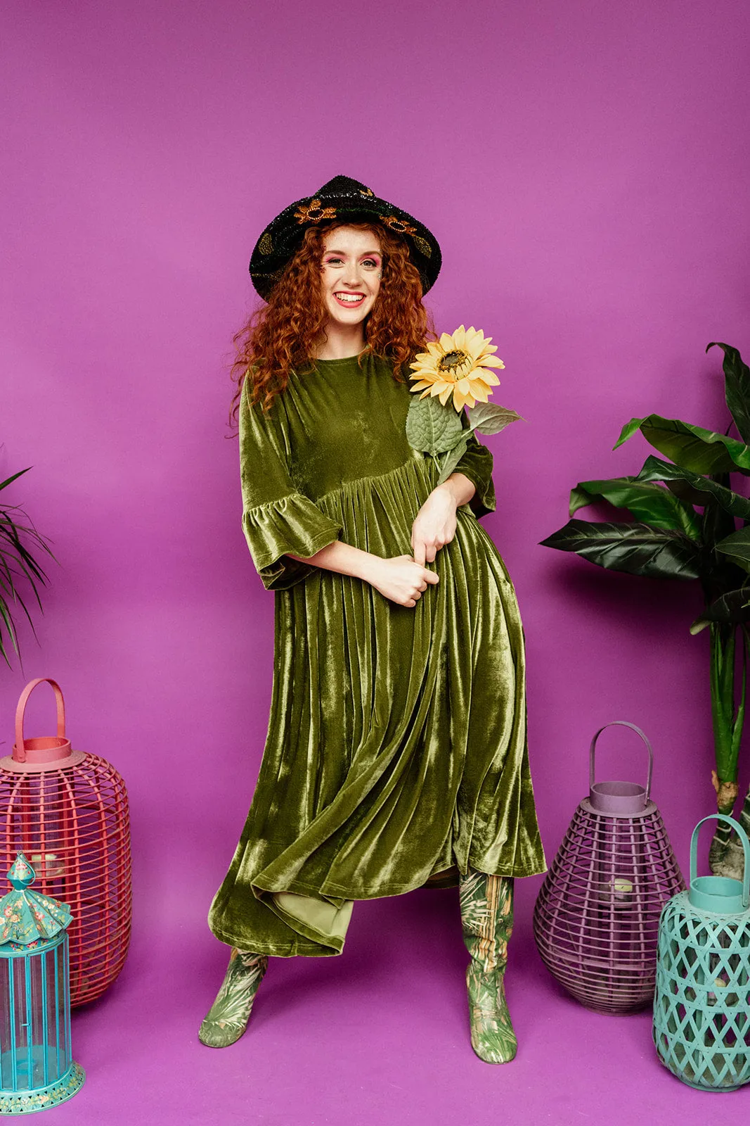 Velvet Ruffle Smock Dress in Olive Green