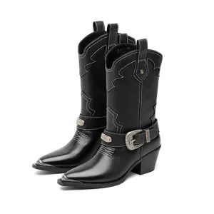 Vintage Leather Velvet Pointed Toe Cowboy Boots Black