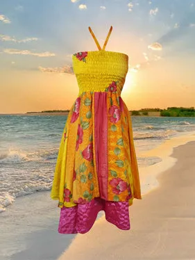 Women Boho Skirt Dresses Yellow Pink Beach Dress S/M